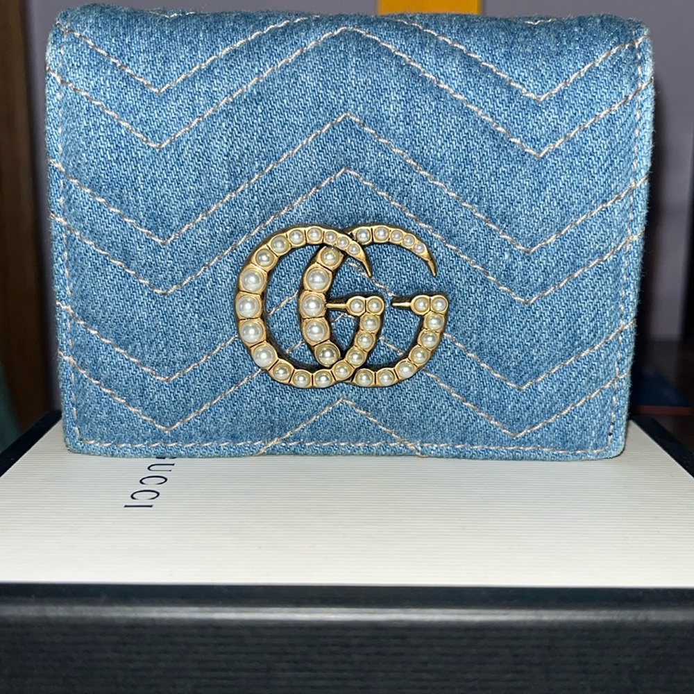 Authentic Gucci GG Marmont Denim/Leather Wallet